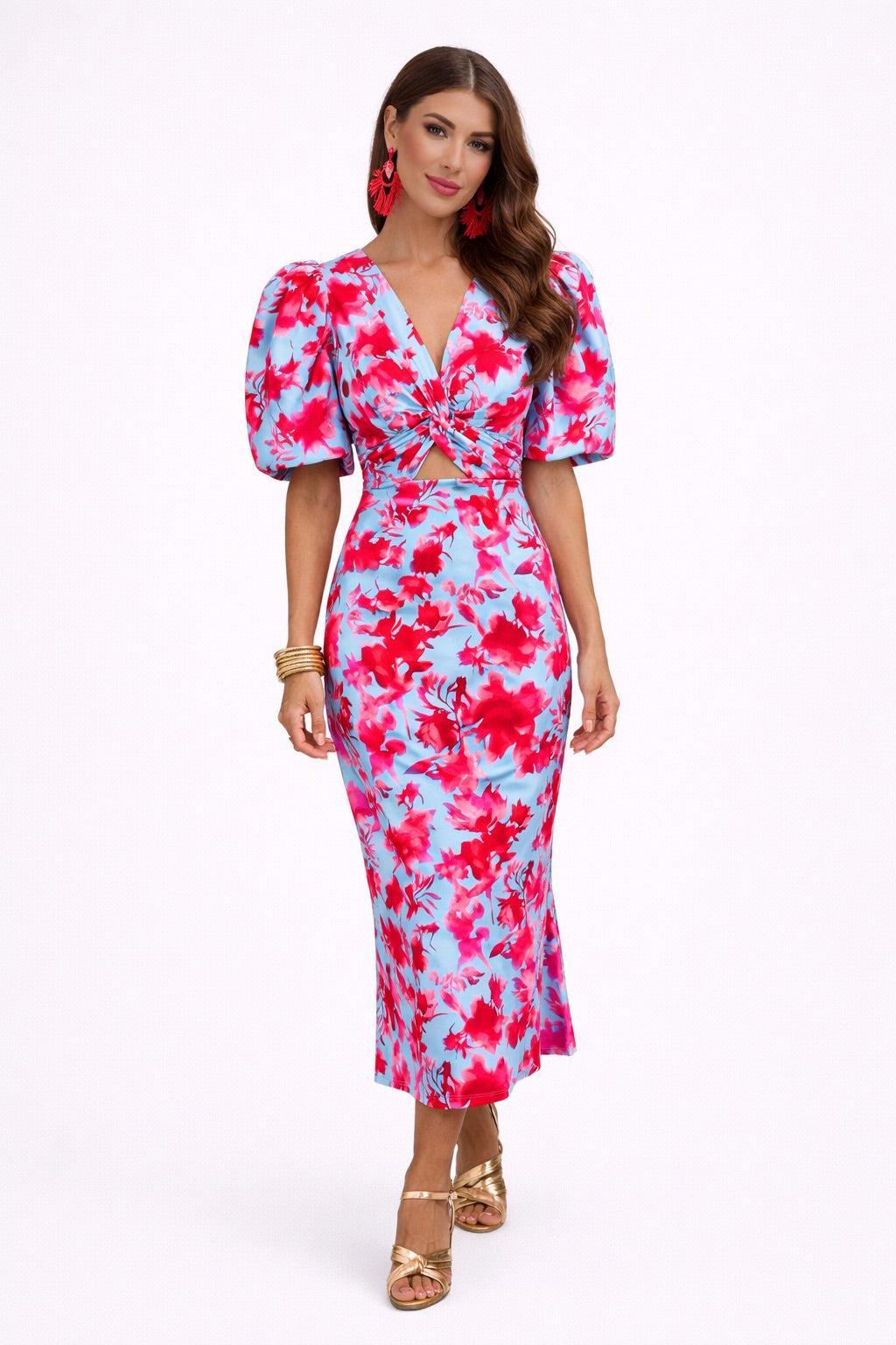 Polyester Midi Dress with Floral Print, V-Neck, and Puff Sleeves
