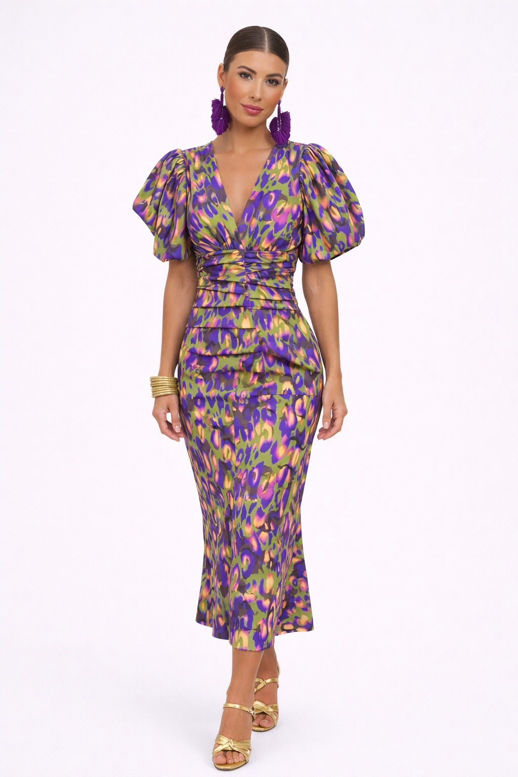 Polyester Midi Dress with Floral Print, V-Neck, and Puff Sleeves