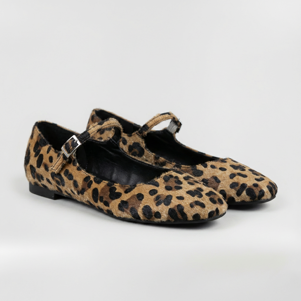 Women's Mary Jane Flats with Leopard Print and Adjustable Strap