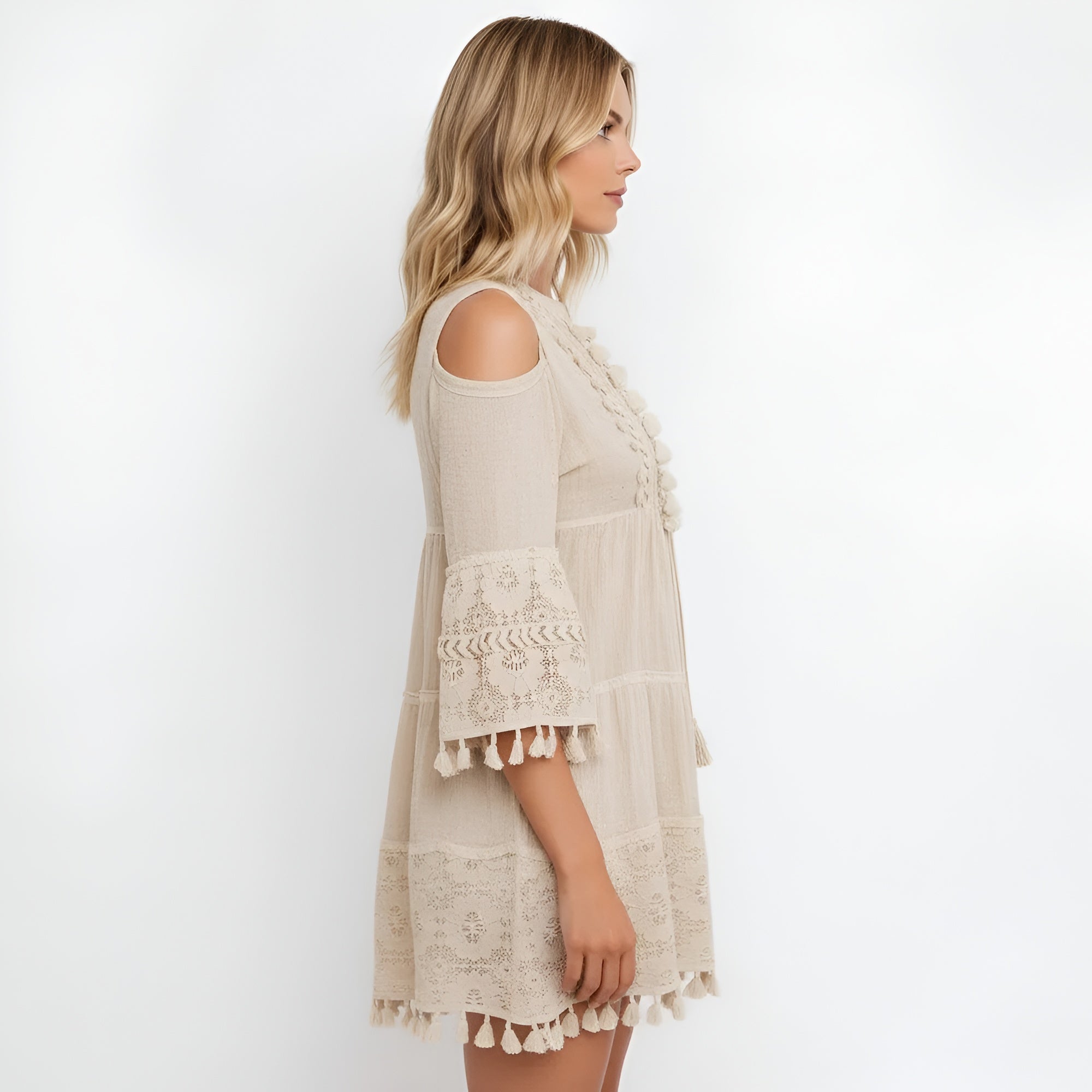 Rochie scurtă boho pentru femei cu broderie din bumbac și detalii cu ciucuri