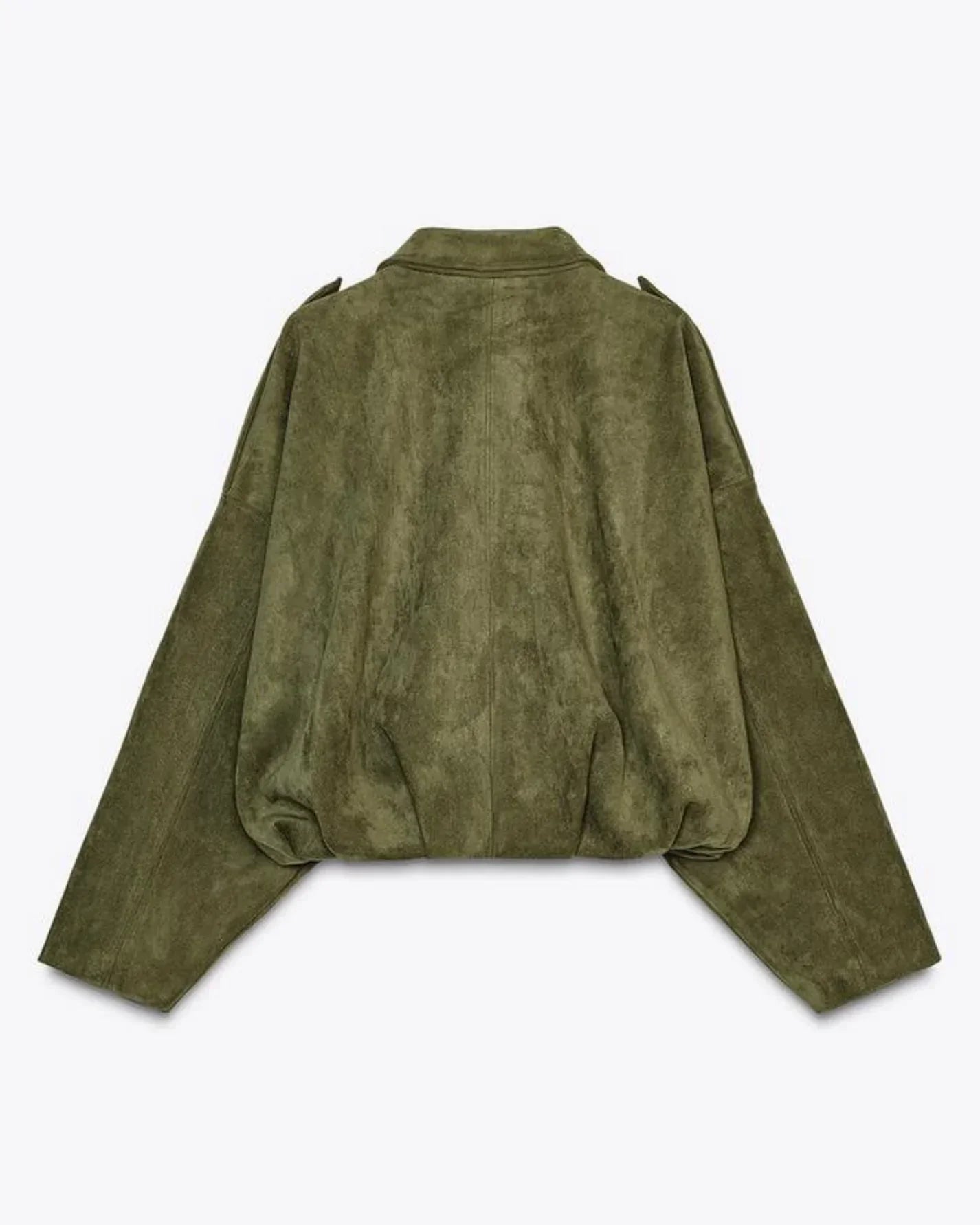Jachetă bomber de piele întoarsă pentru femei, stil oversize, cu fermoar
