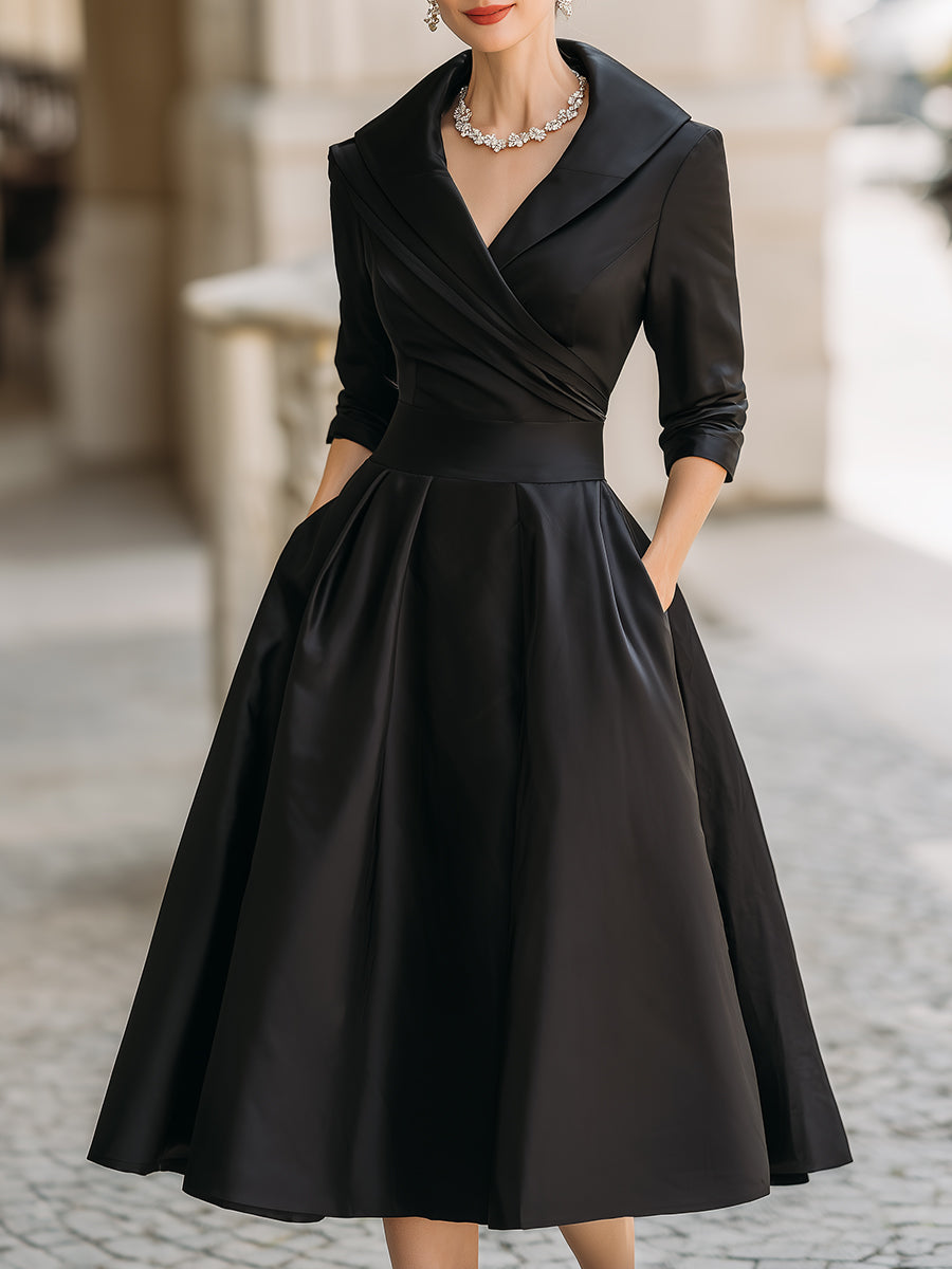 lapel midi dress Long Polyester Dress with Lapel Collar and Wrap Waist for Women