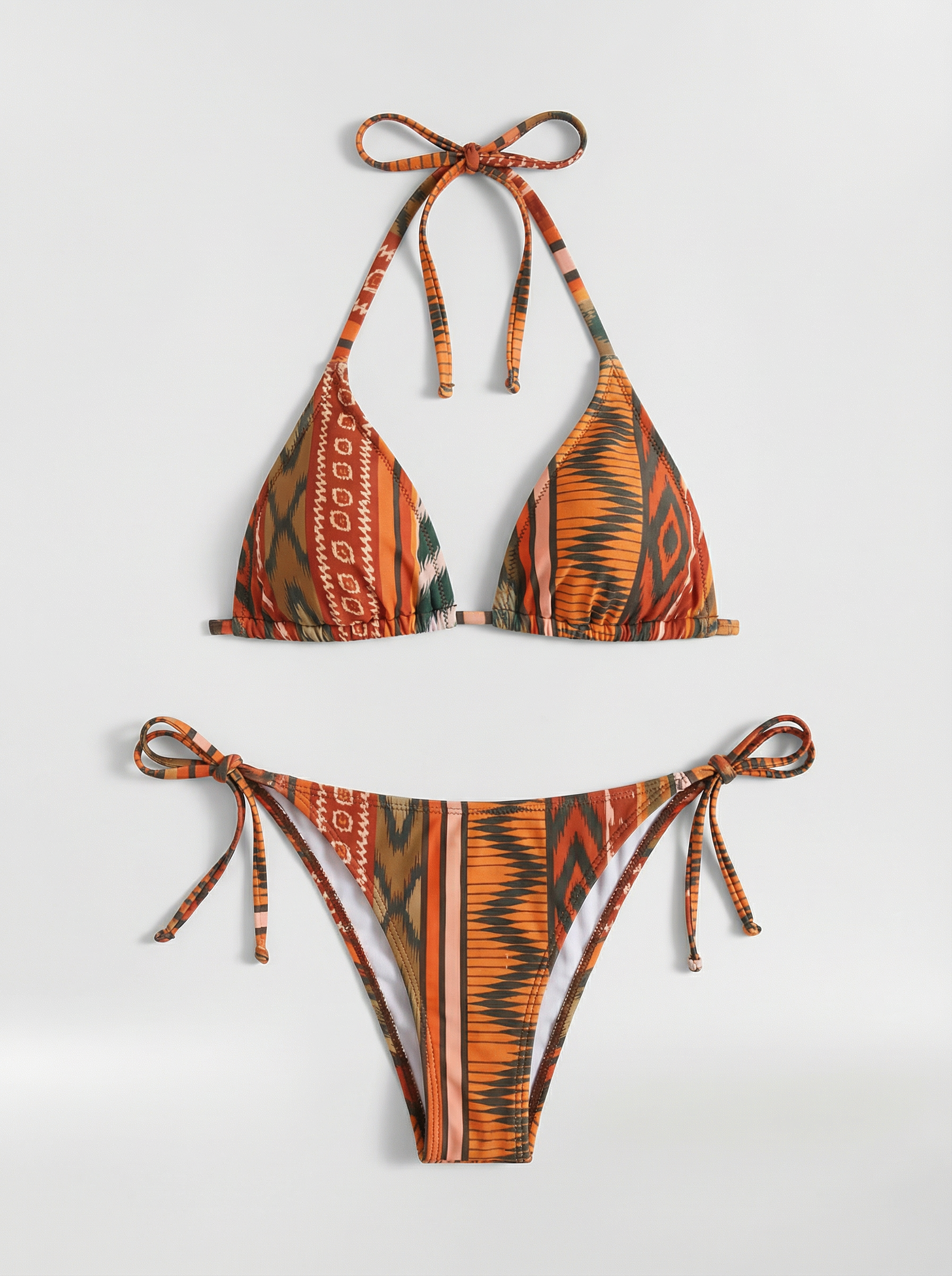 Triangle Bikini with Ethnic Print and Tie Closure for Women