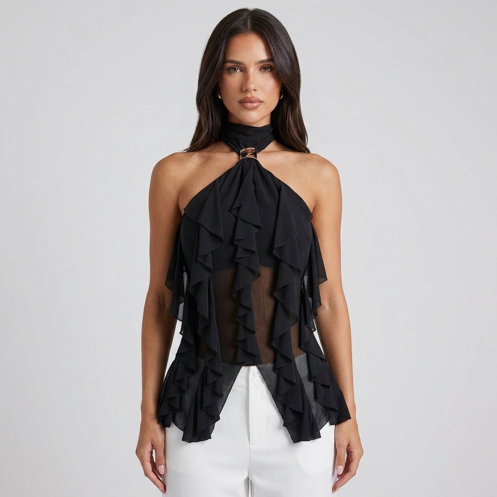 Top halter donna con volant | blusa senza maniche per eventi