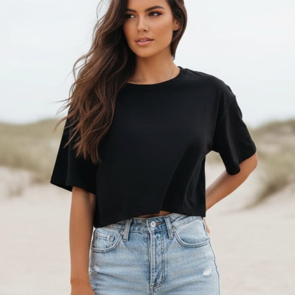 Women's cropped top in cotton blend with round neck
