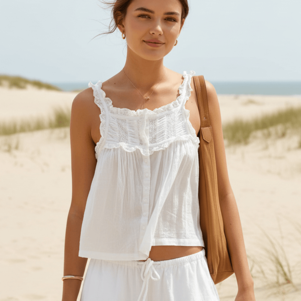 Crop top pour femme en mélange de coton avec dentelle et volants — festivals