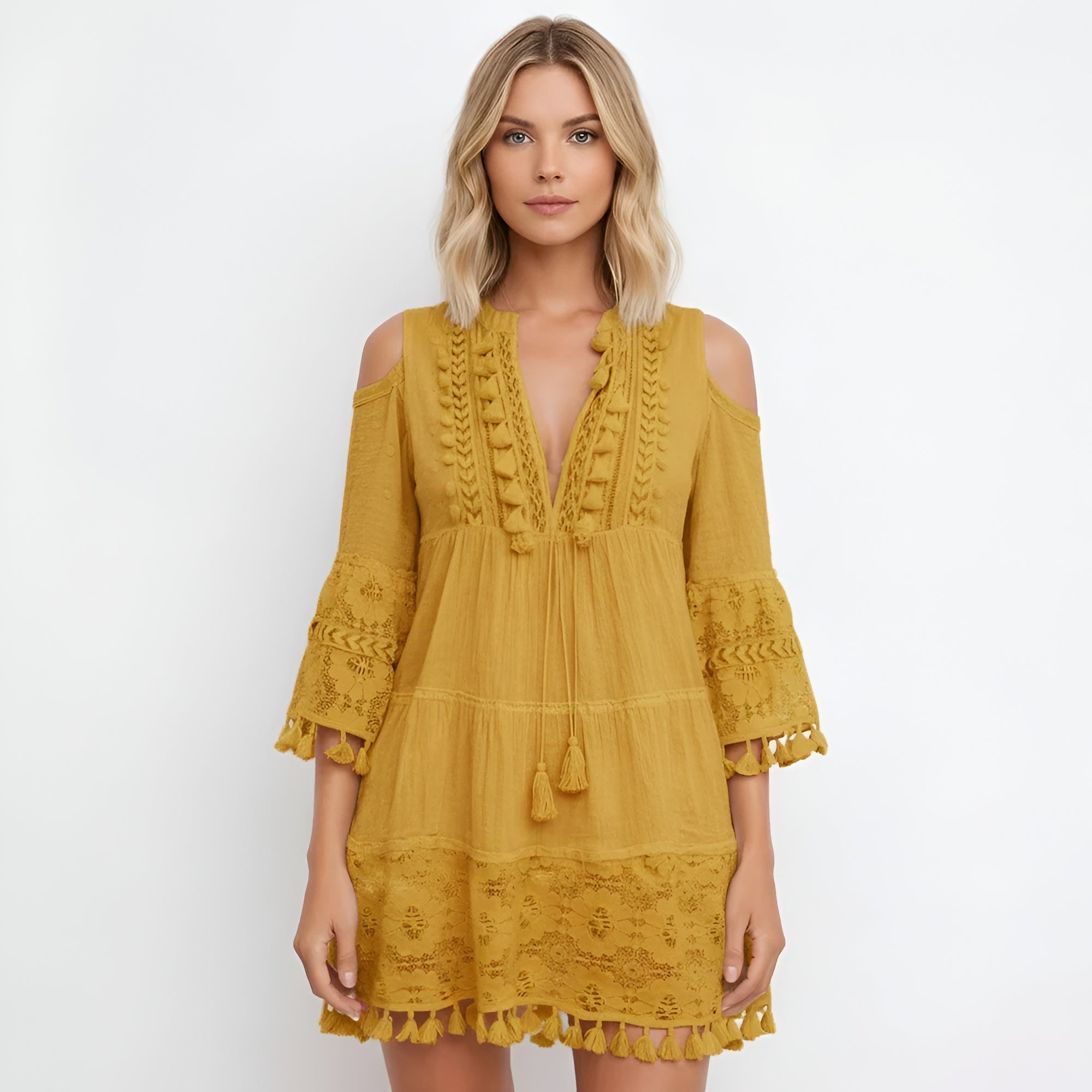 Rochie scurtă boho pentru femei cu broderie din bumbac și detalii cu ciucuri
