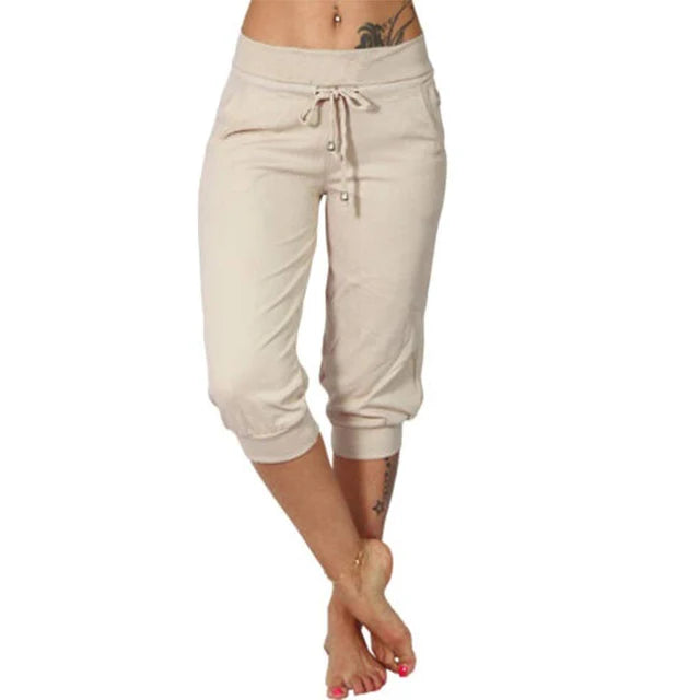 Women's Capri Pants with Adjustable Drawstring and Elastic Waistband