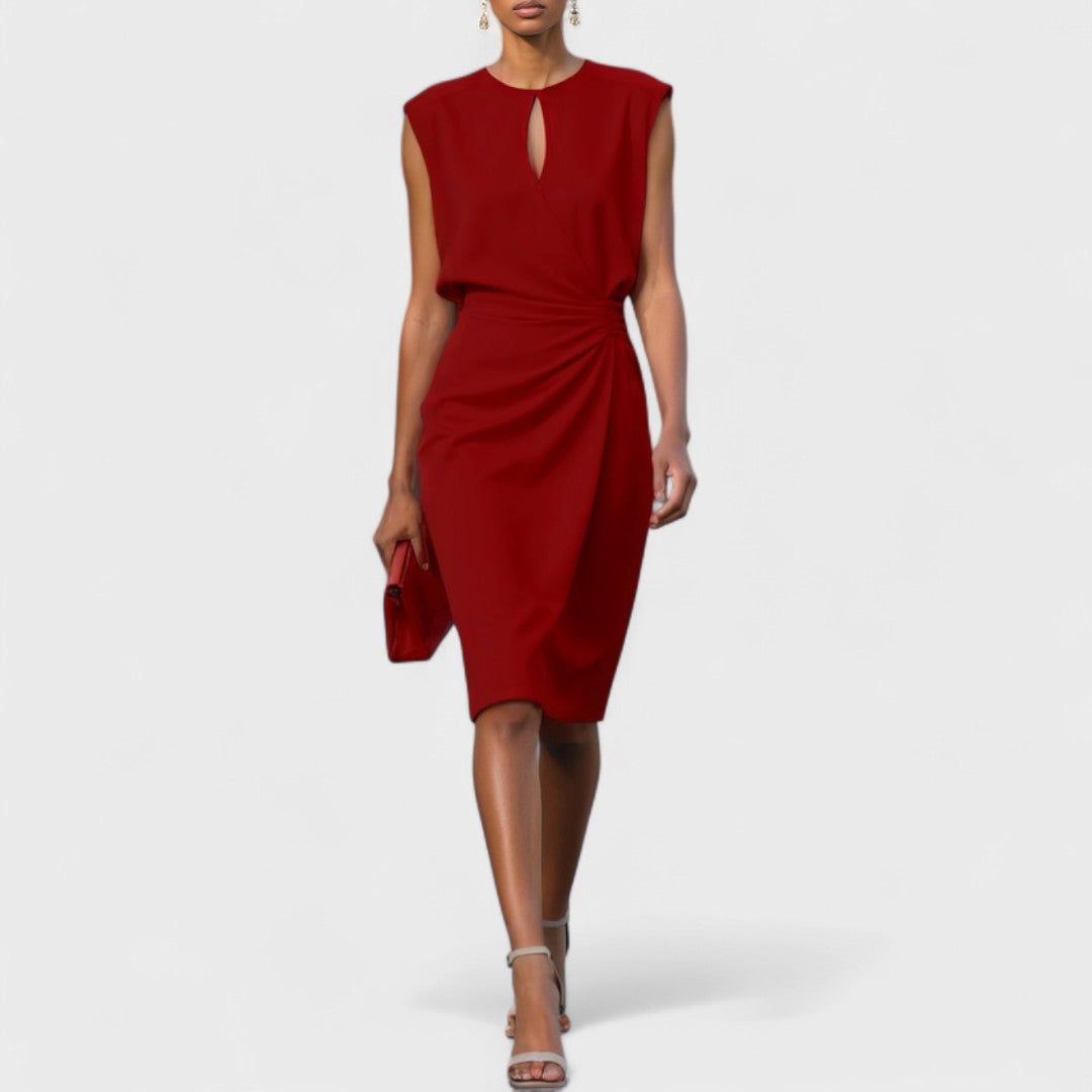 Midi Wrap Dress with Side Pleats and Round Neck for Women
