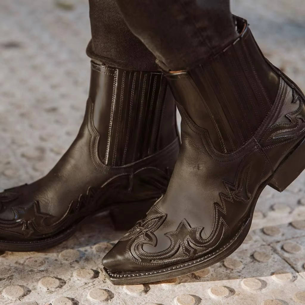 Bottes de cow-boy pour femme Bottines style western avec broderie et bout pointu en cuir PU