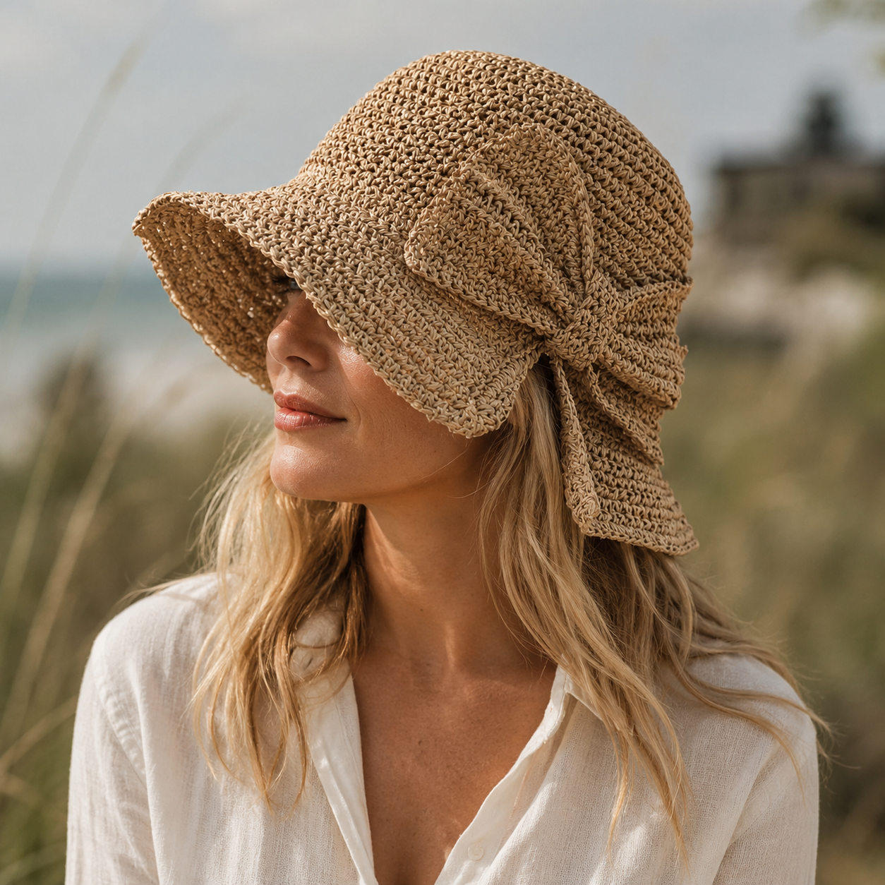 Women's bucket hat - short brim with bow - casual beach style