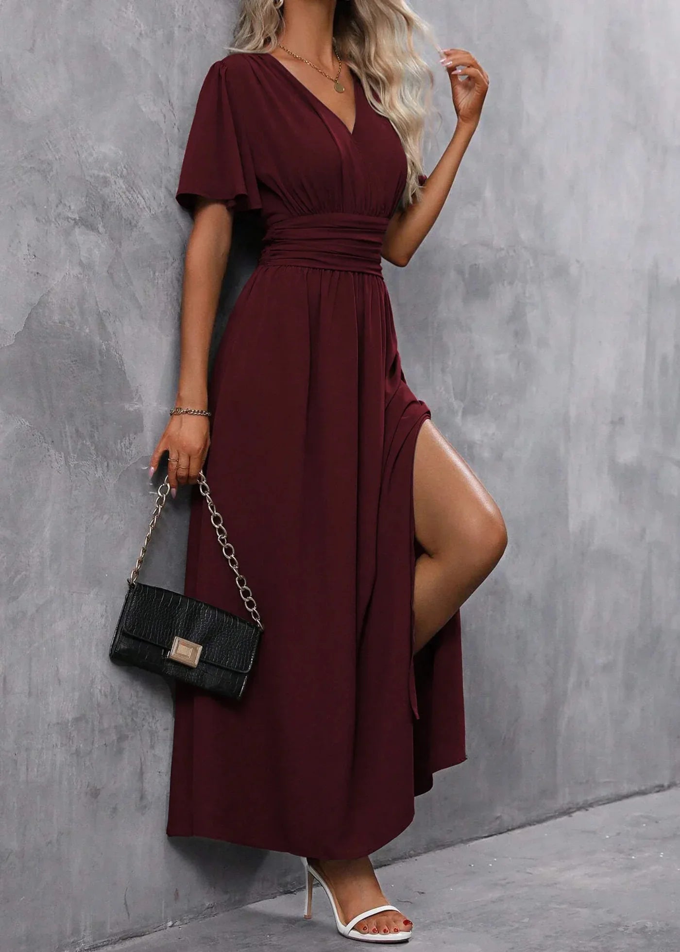 Vestido largo para mujer - escote en V con abertura - cena solemne