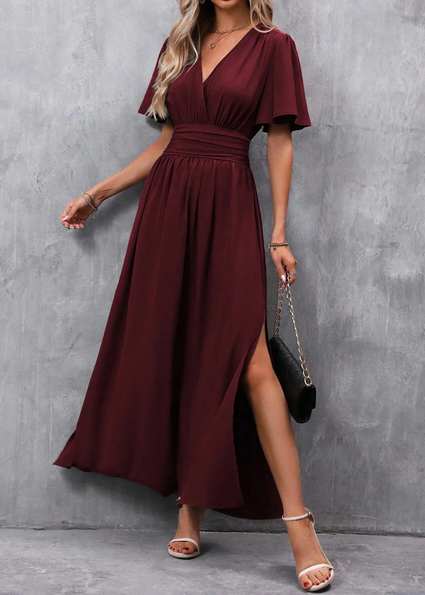 Vestido largo para mujer - escote en V con abertura - cena solemne