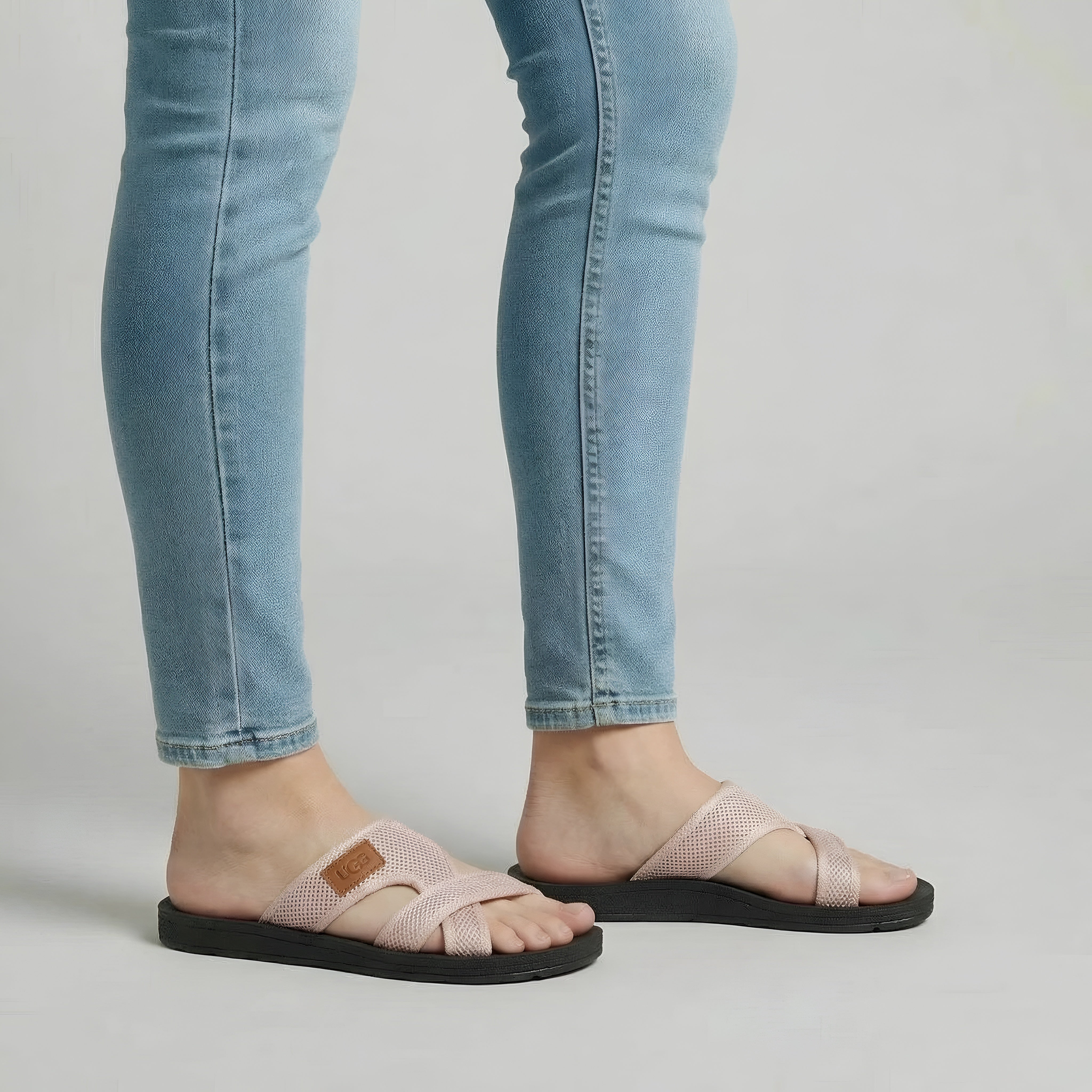 Sandale plate pentru femei, papuci din material textil de plasă, papuci ușori din cauciuc