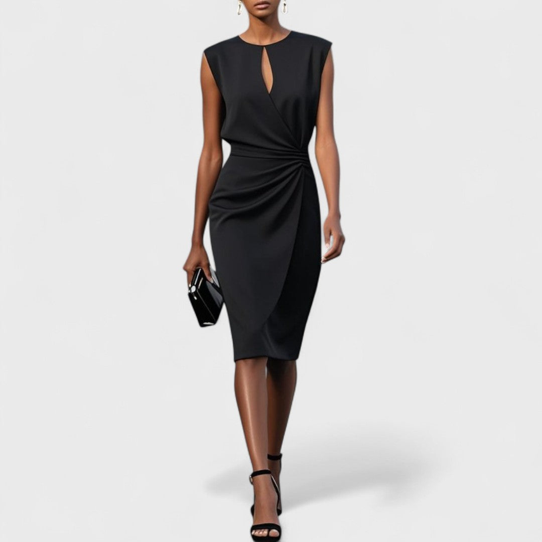 Midi Wrap Dress with Side Pleats and Round Neck for Women