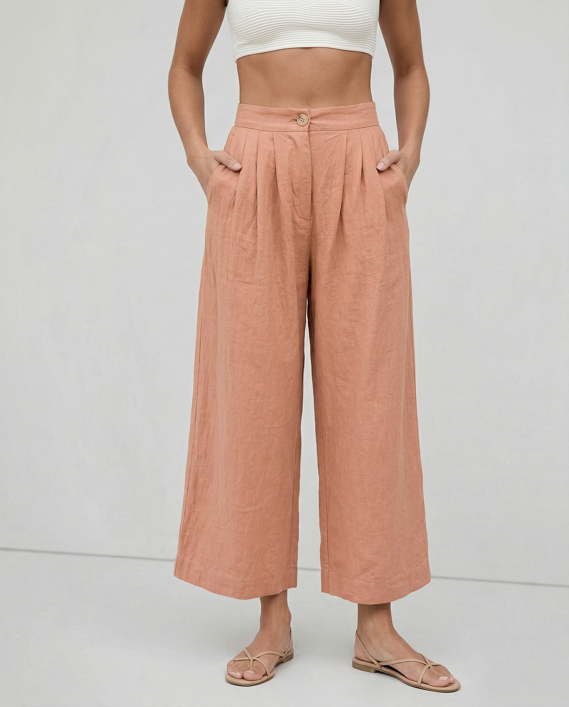 Lněné culottes pro ženy s vysokým pasem a předními záhyby