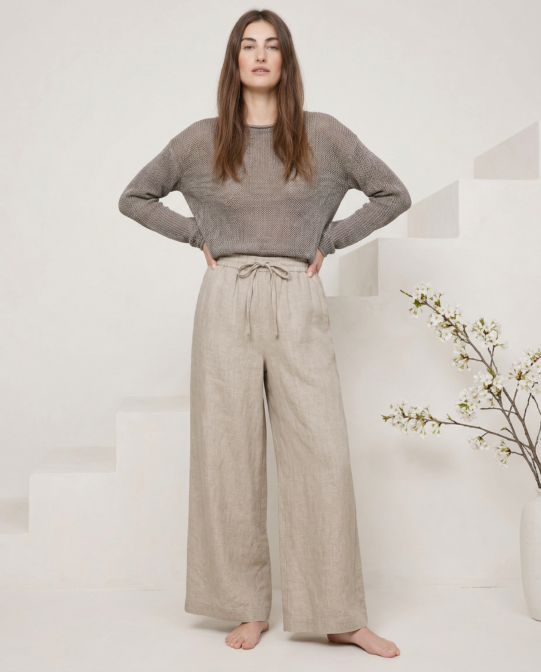 Pantaloni largi din in pentru femei, cu talie elastică și cordon