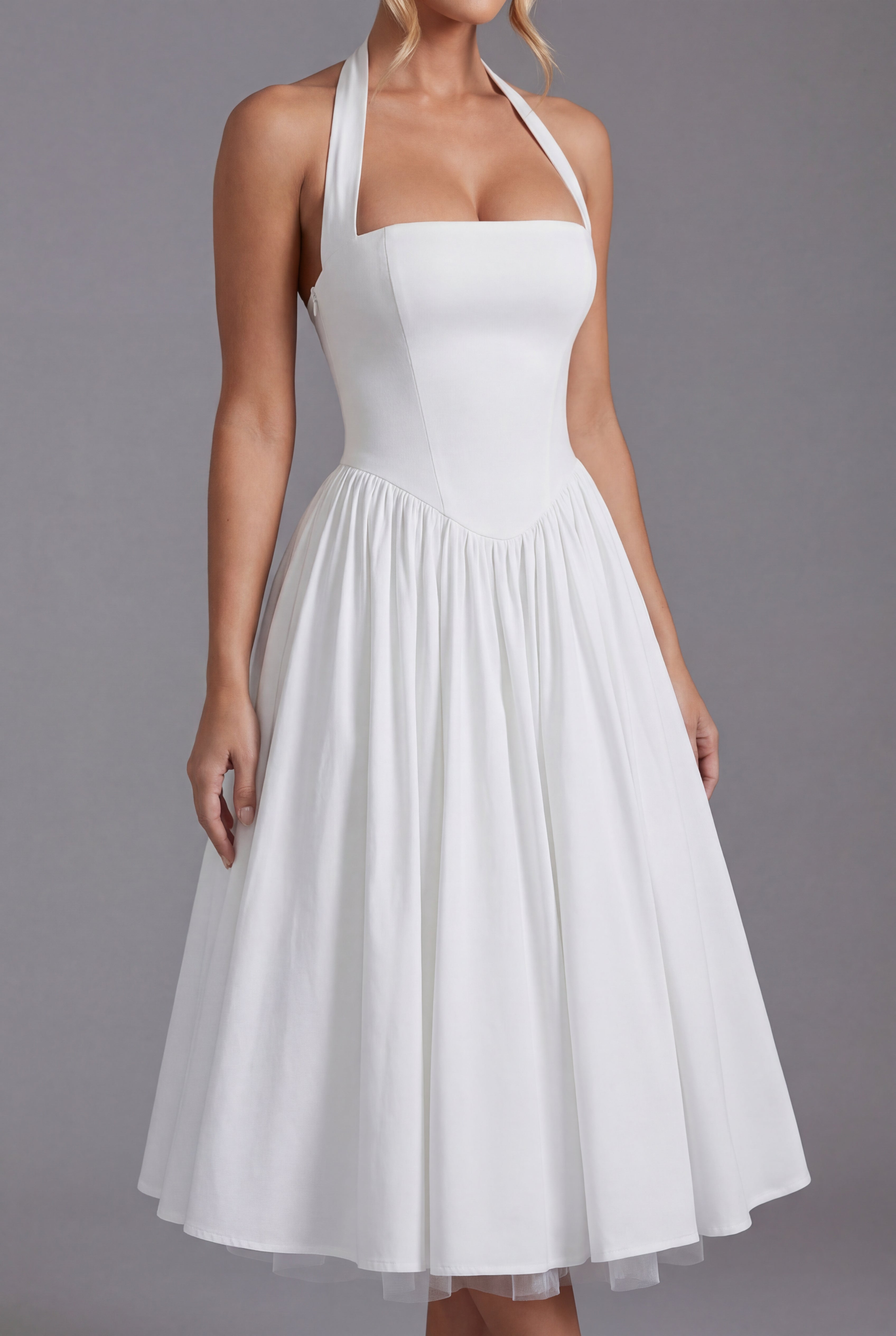 Robe midi de fête pour femme avec col halter et jupe évasée