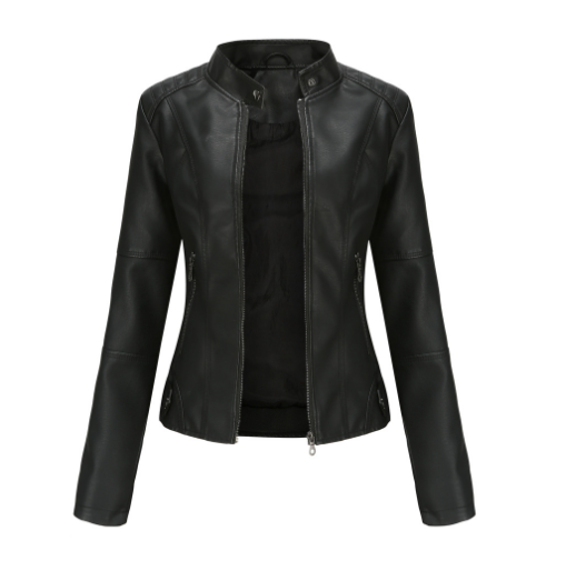 Giacca biker in pelle sintetica da donna con cerniera e collo a rever