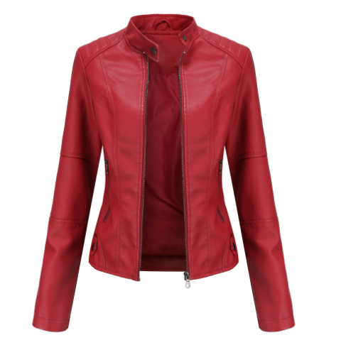 Giacca biker in pelle sintetica da donna con cerniera e collo a rever