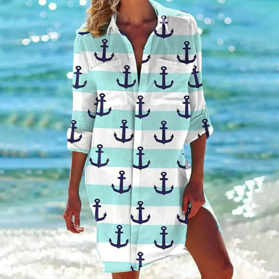 Robe chemise imprimé tropical pour femme, paréo de plage avec manches réglables