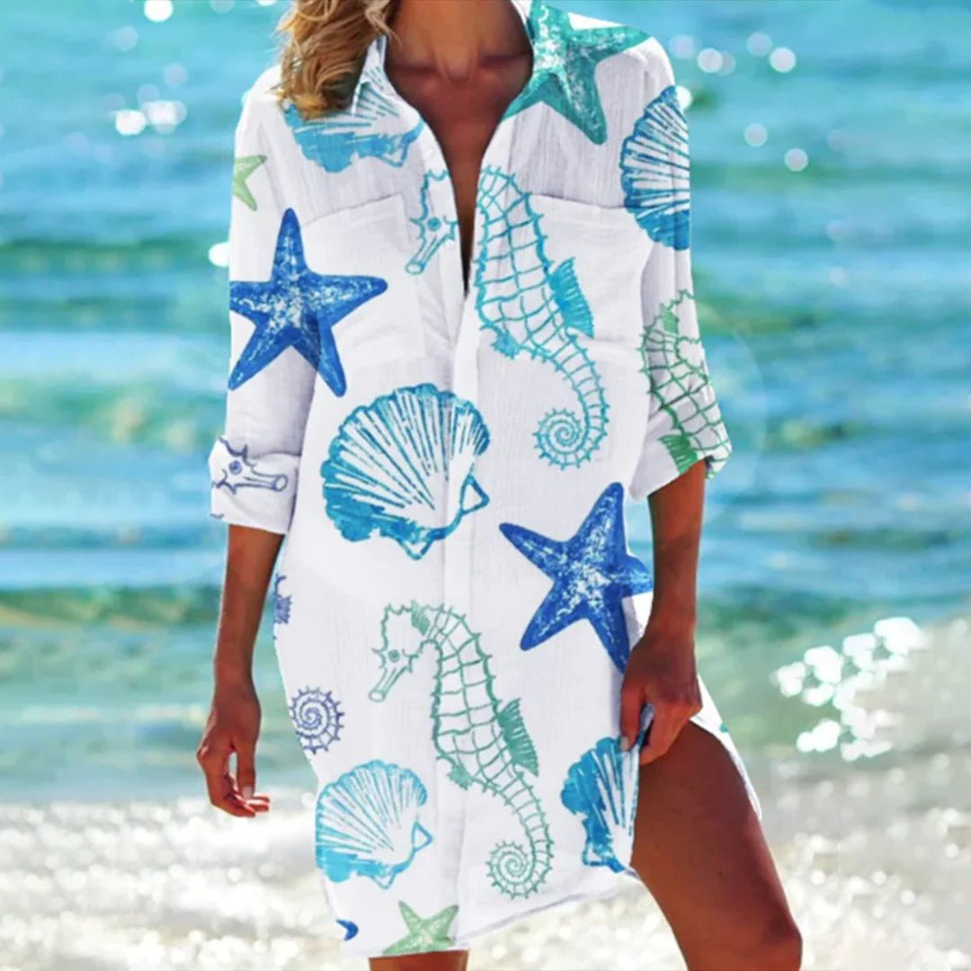 Robe chemise imprimé tropical pour femme, paréo de plage avec manches réglables