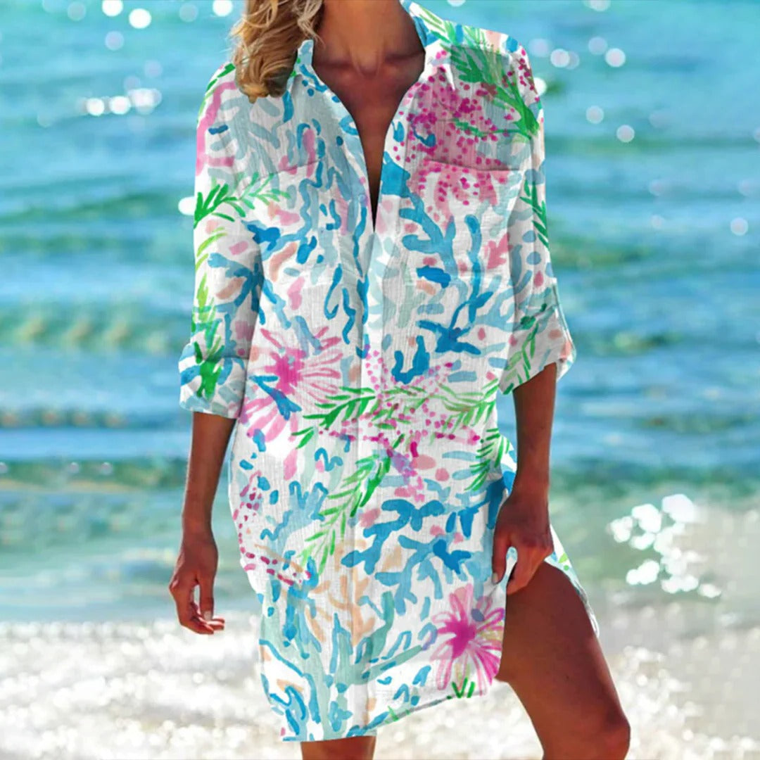 Robe chemise imprimé tropical pour femme, paréo de plage avec manches réglables