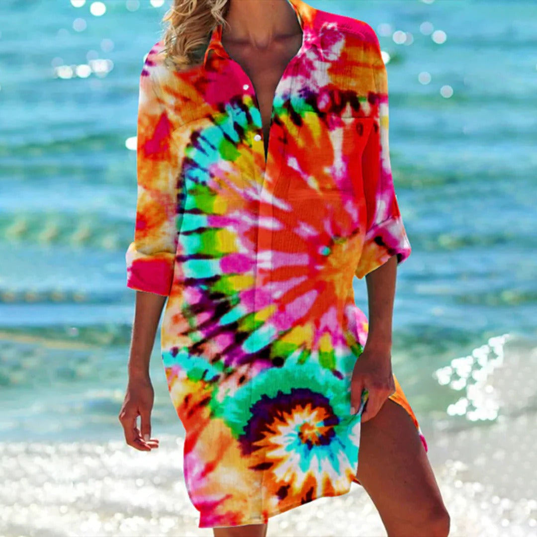 Robe chemise imprimé tropical pour femme, paréo de plage avec manches réglables
