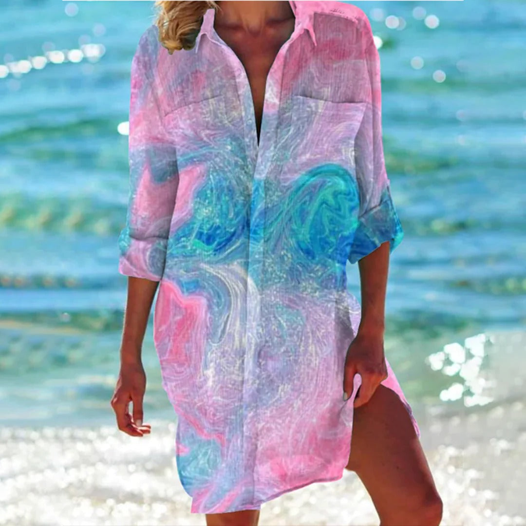 Robe chemise imprimé tropical pour femme, paréo de plage avec manches réglables