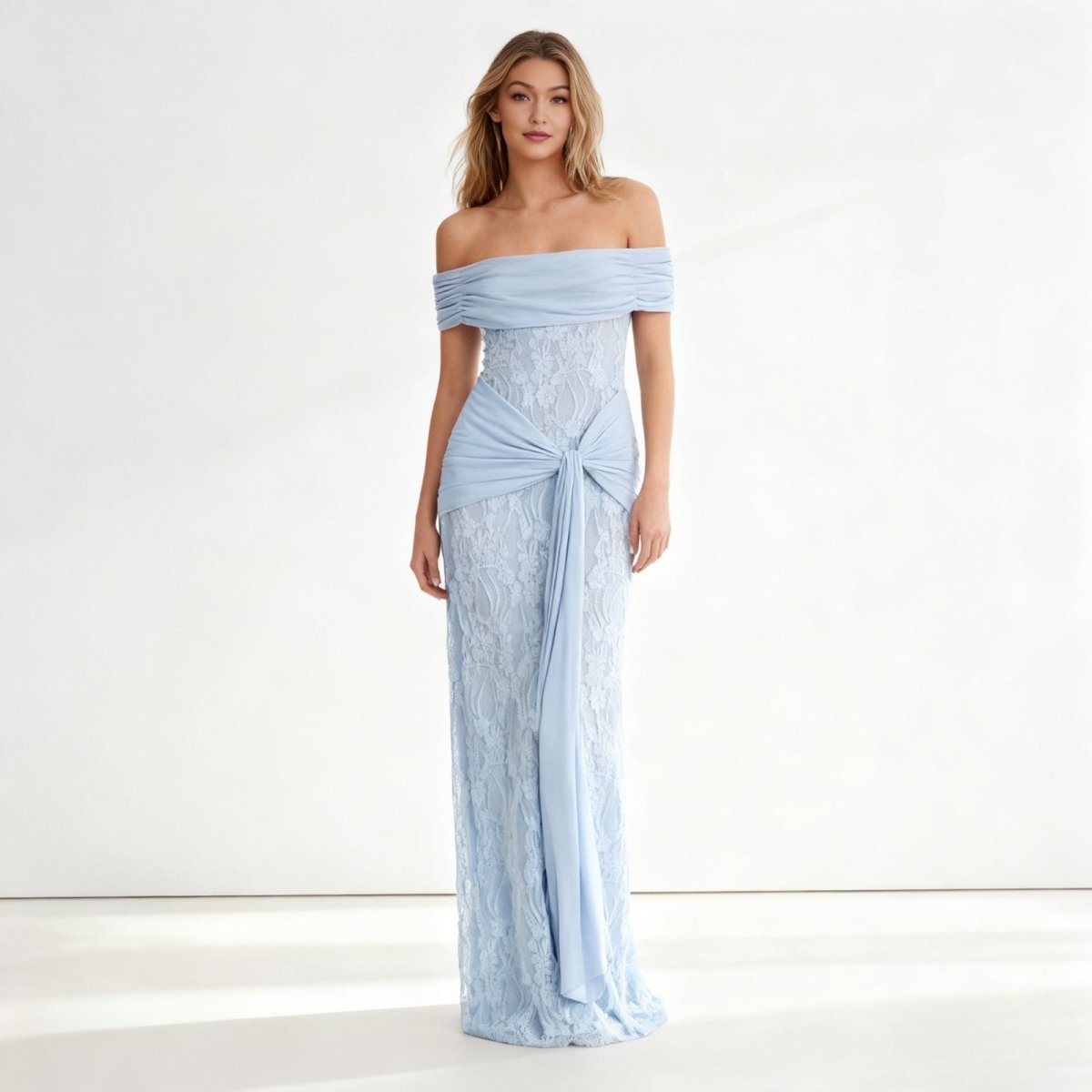 Off-Shoulder Lace Evening Dress with Waist Tie Band