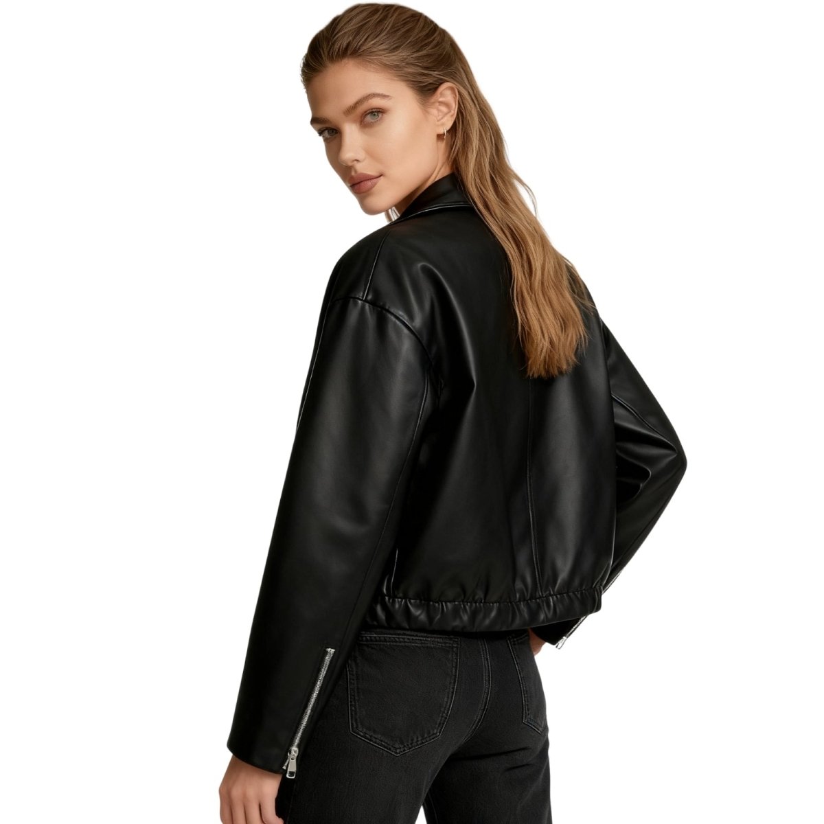 Women's Short Faux Leather Bomber Jacket with Oversized Fit