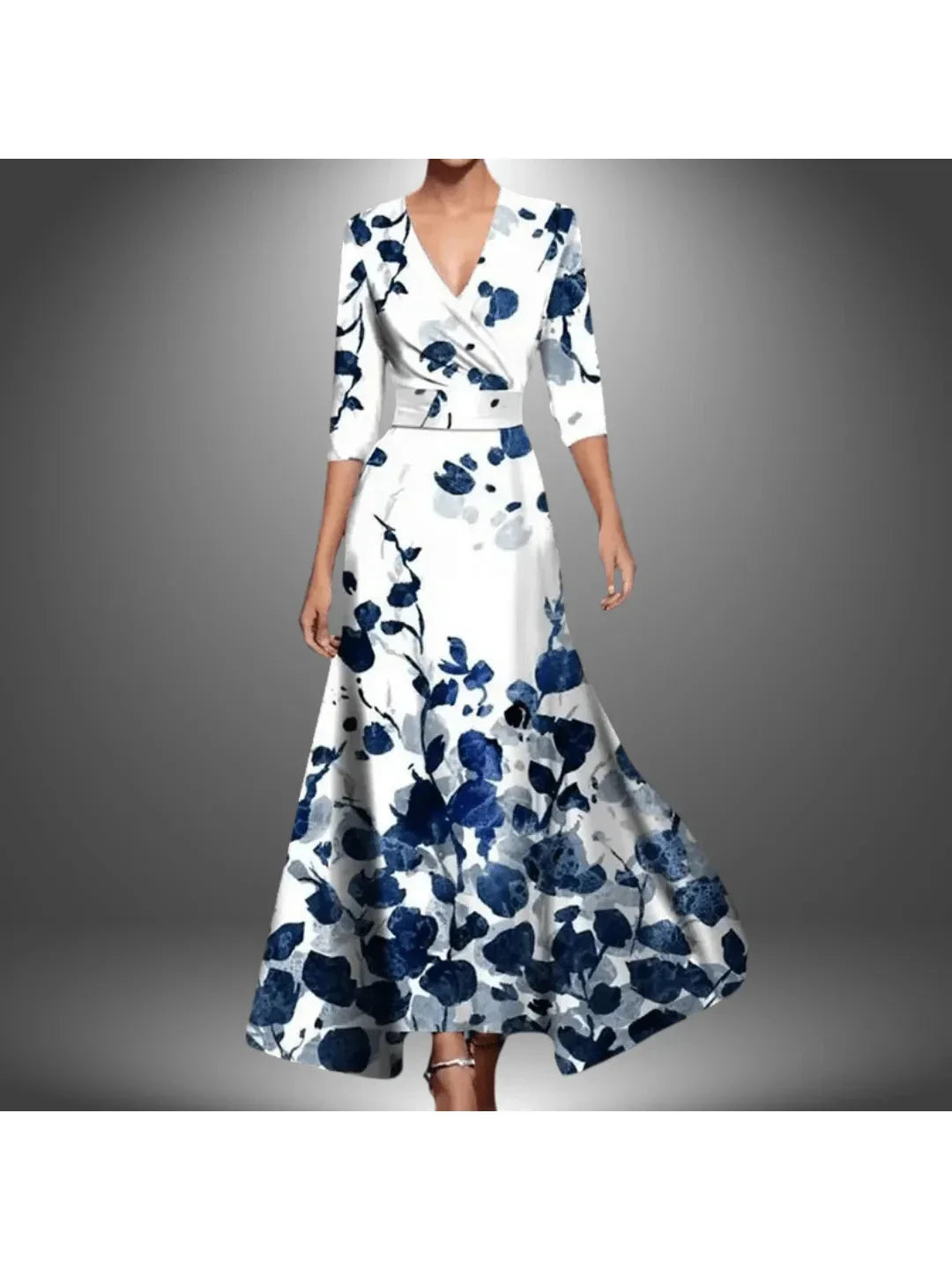 Midi Polyester Dress with Fashion Print, V-Neck, and Half Sleeves for Women