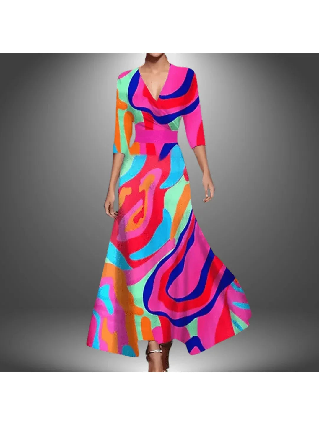 Midi Polyester Dress with Fashion Print, V-Neck, and Half Sleeves for Women