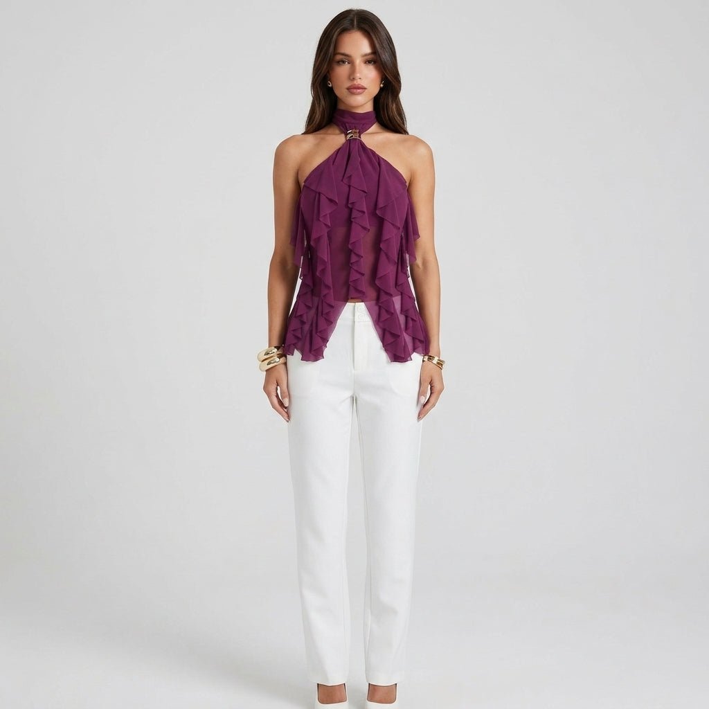 Top halter donna con volant | blusa senza maniche per eventi