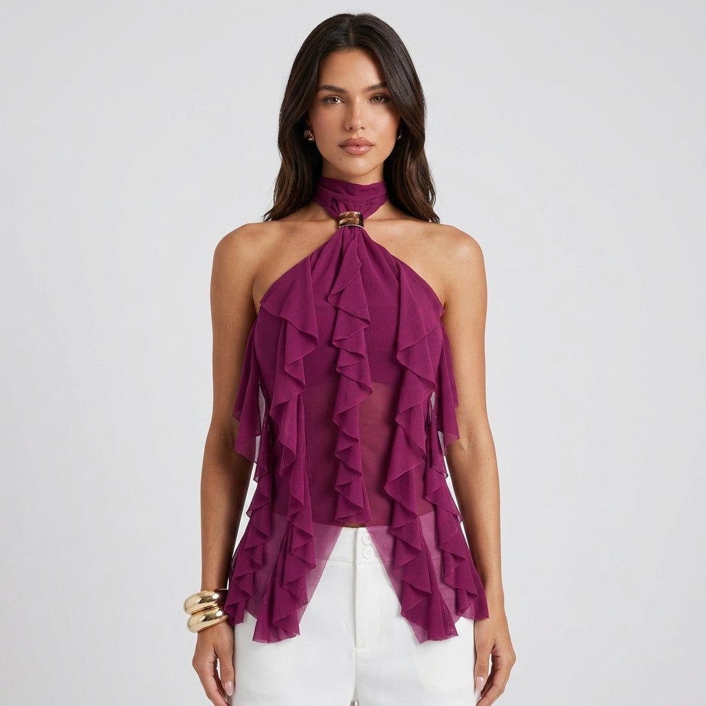 Top halter donna con volant | blusa senza maniche per eventi