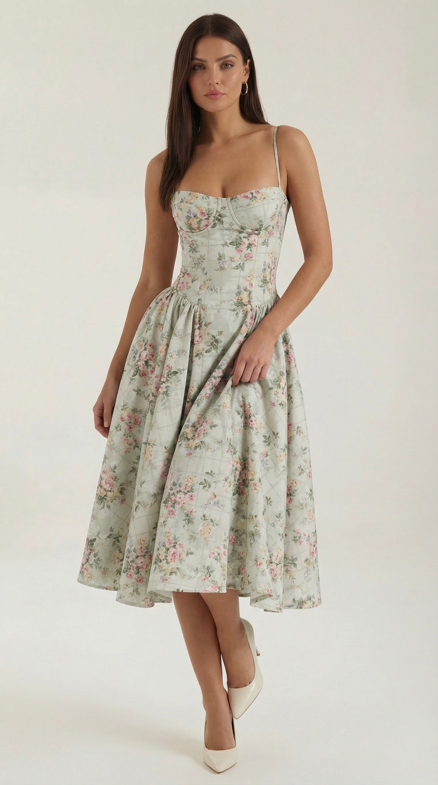 Rochie midi din bumbac, stil corset, cu bretele și imprimeu floral pentru femei