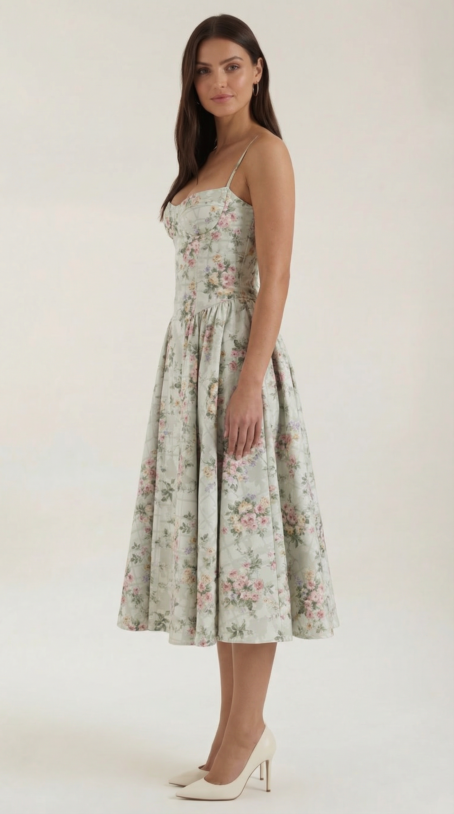 Rochie midi din bumbac, stil corset, cu bretele și imprimeu floral pentru femei