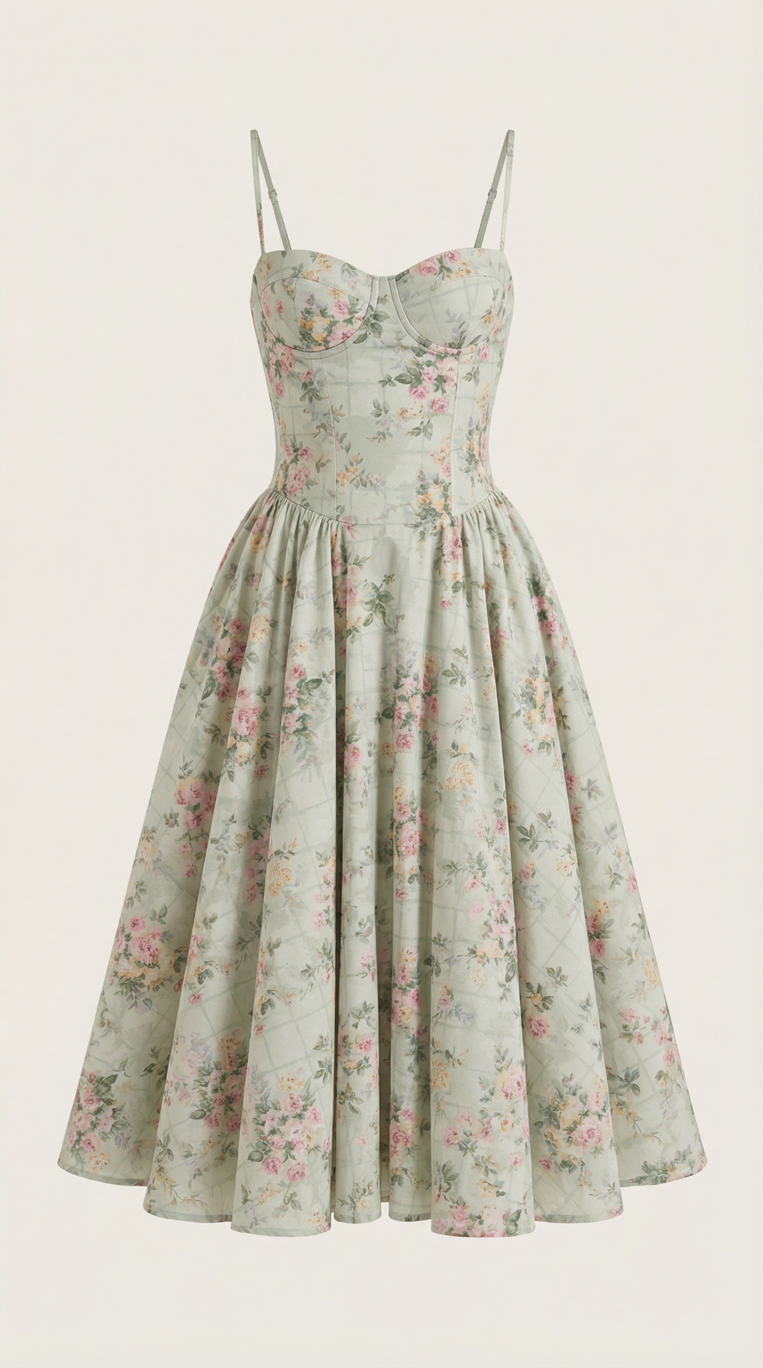 Women's Cotton Midi Dress Corset Style with Straps and Floral Print