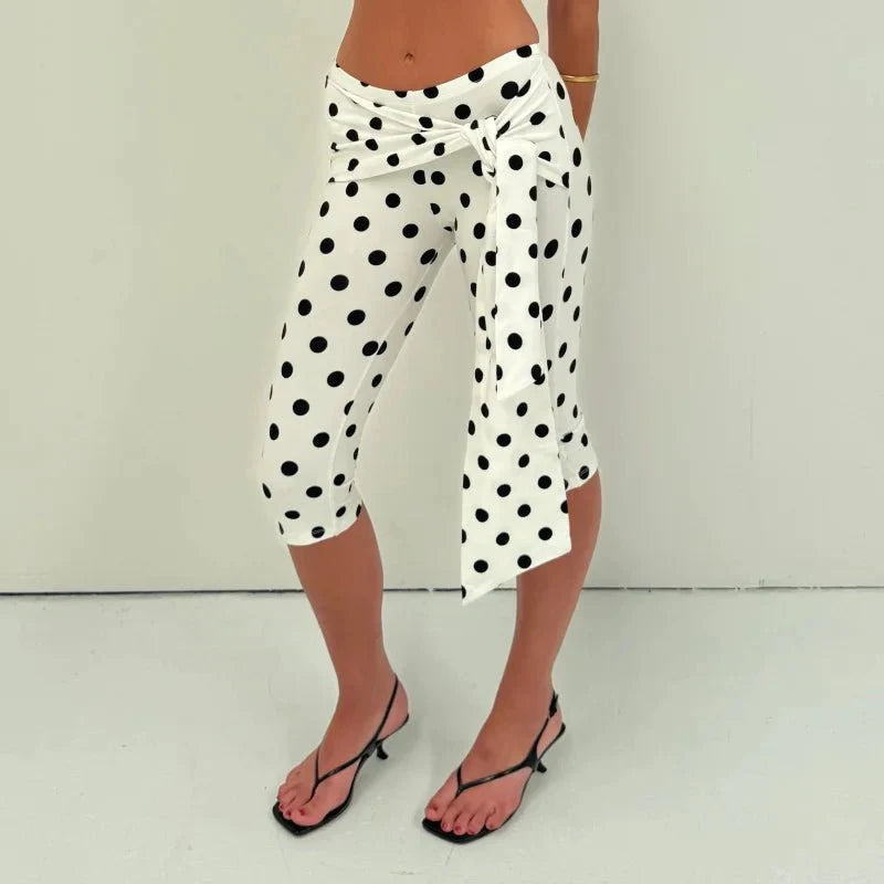 Pantalon Capri Femme à Imprimé Pois et Taille Haute Élastique