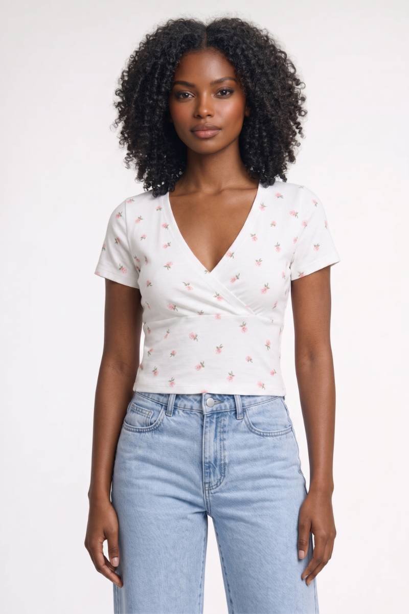 Cropped wrap top for women with V-neck and floral print — daily