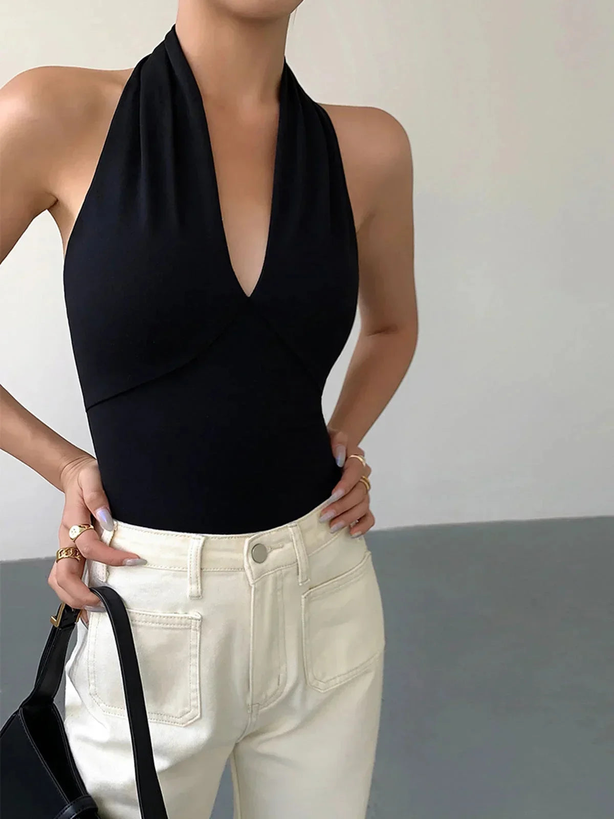 Top s halter výstřihem pro ženy | překřížený výstřih do V pro každodenní nošení