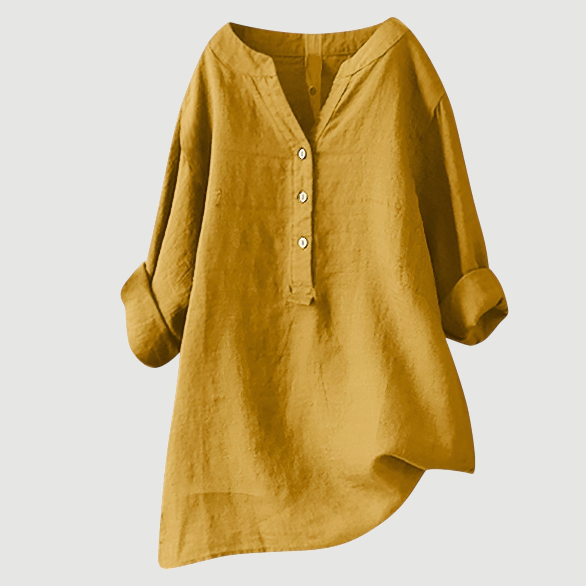 Women's Long-Sleeve Henley Blouse with Asymmetrical Hem in Polyester
