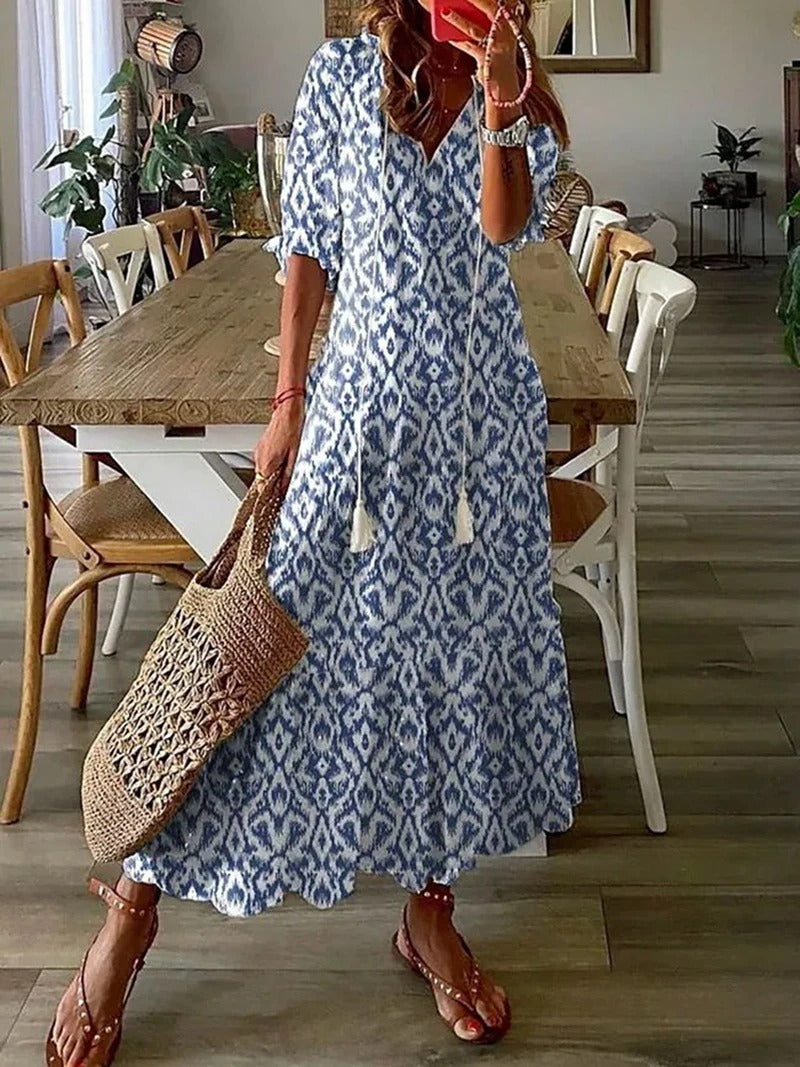 Robe longue femme à imprimé floral avec jupe évasée taille empire