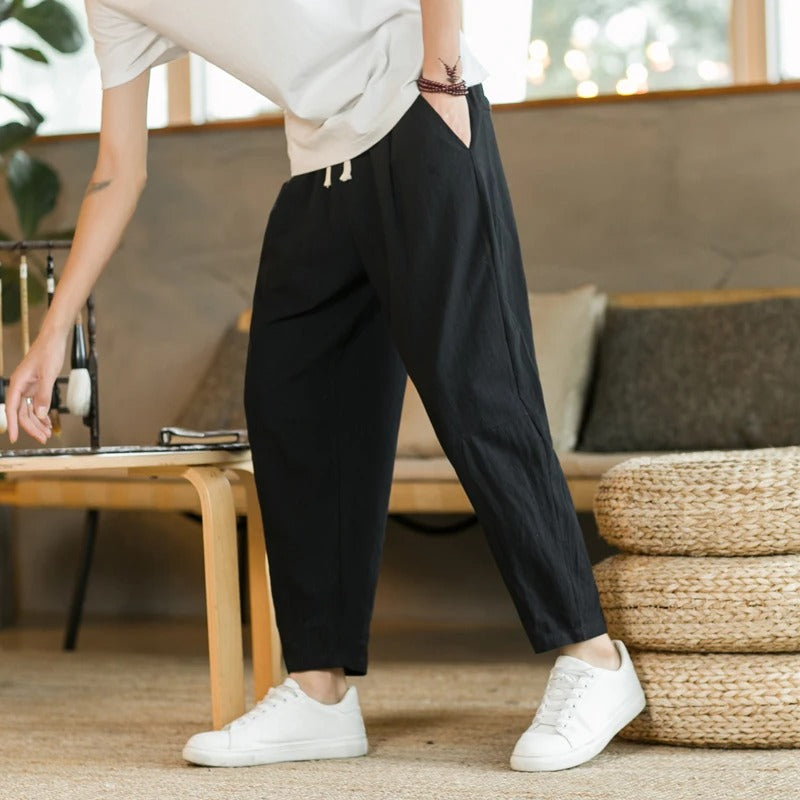 Men's Linen Pants with Elastic Waist and Cropped Tapered Fit