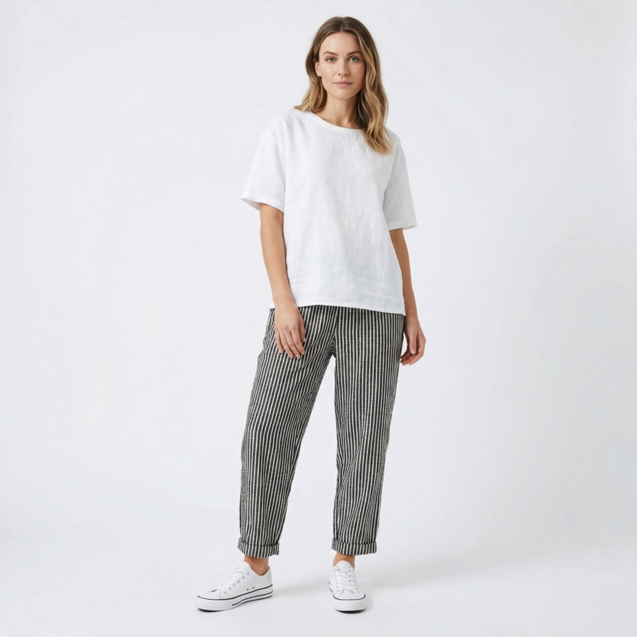Pantalon Capri à Jambe Large avec Rayures Verticales et Taille Haute pour Femme