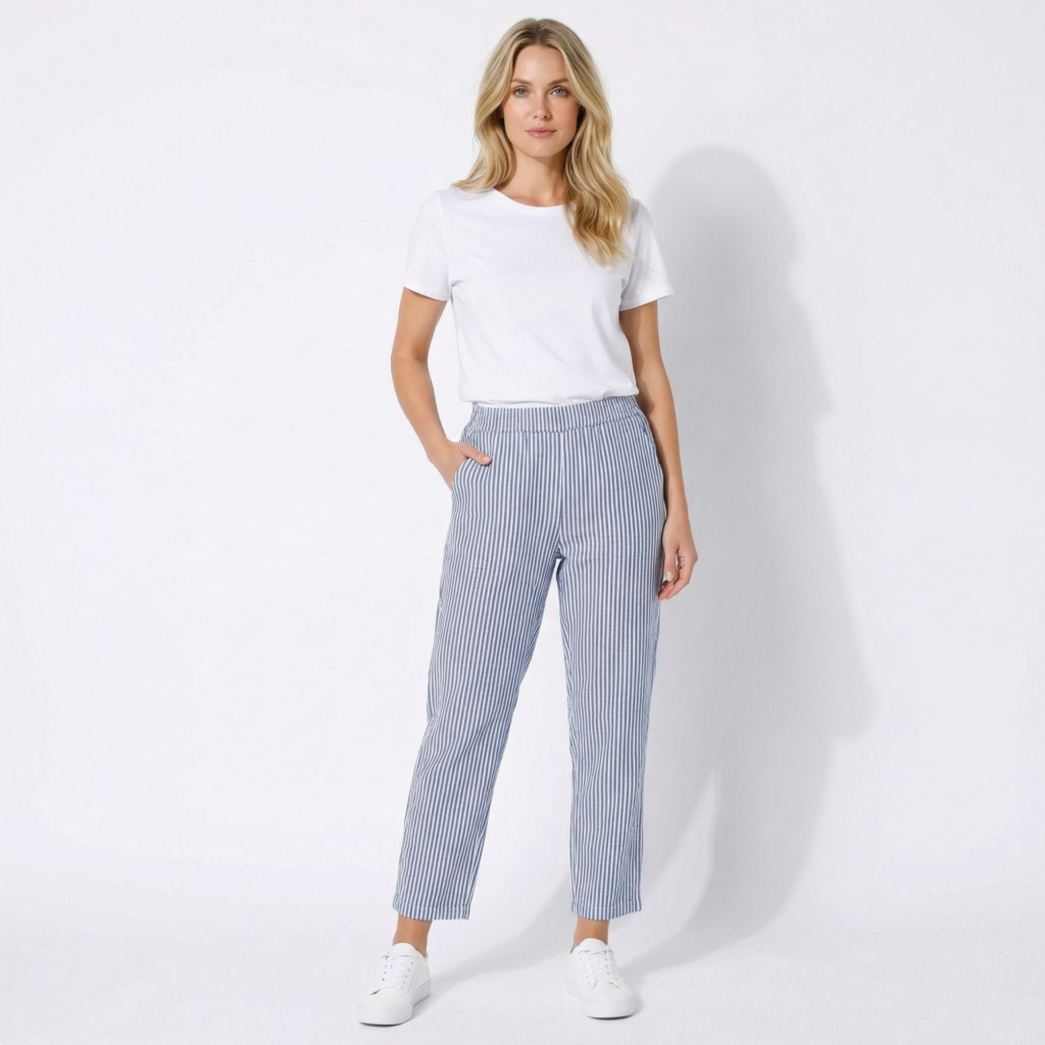 Pantalon Capri à Jambe Large avec Rayures Verticales et Taille Haute pour Femme