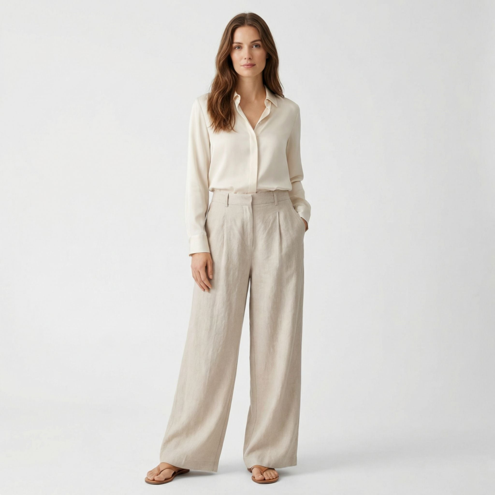 Pantalon Femme à Jambe Large avec Pinces Avant et Poches