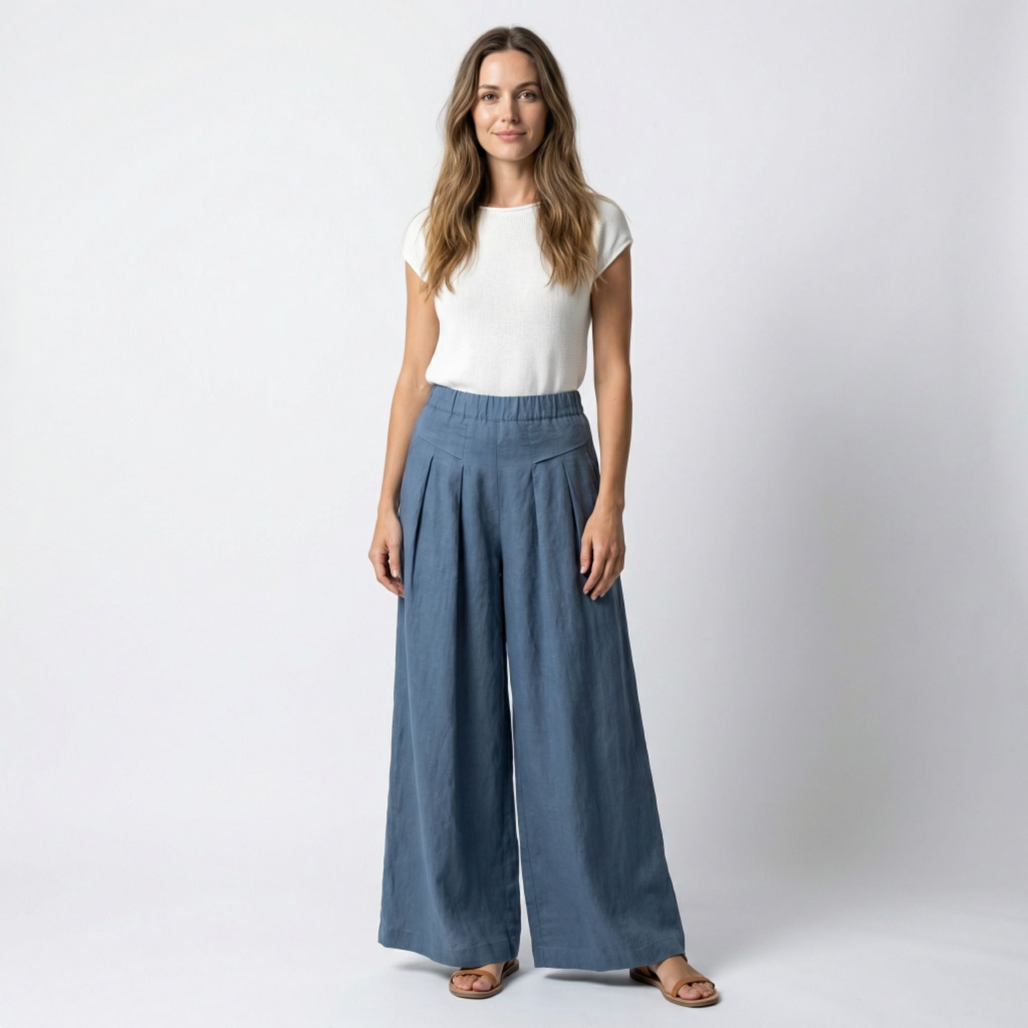 Pantalon Femme à Jambe Large avec Pinces Avant et Poches