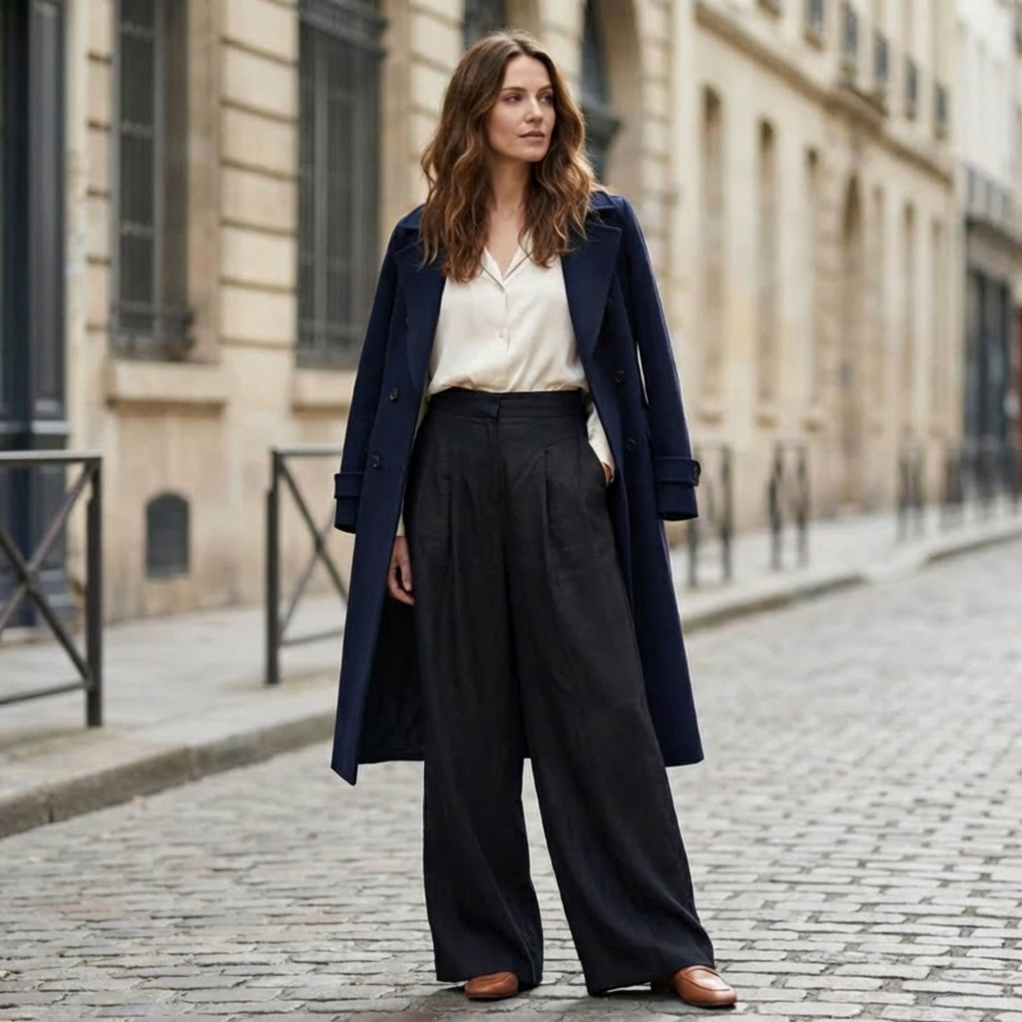 Pantalon Femme à Jambe Large avec Pinces Avant et Poches
