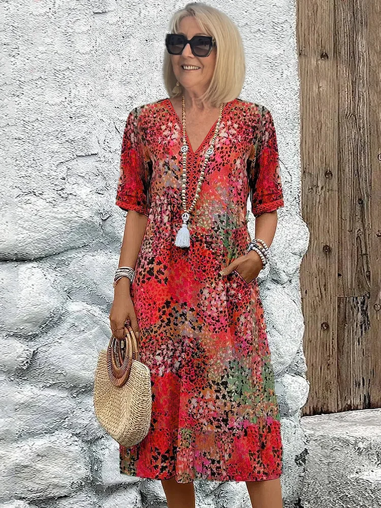 Robe midi imprimée femme — coupe en A avec col en V — quotidienne